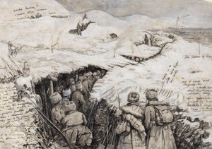 Galicia, Venäjän joukot lumipeitteisillä kukkuloilla, 13. maaliskuuta 1916 (muste & guassi paperilla) tekijältä Henry Charles Seppings Wright