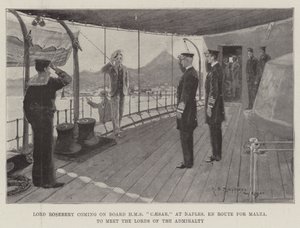 Lord Rosebery saapuu HMS Caesarin kyytiin Napolissa matkalla Maltalle tapaamaan Lords of the Admiralty tekijältä Henry Charles Seppings Wright
