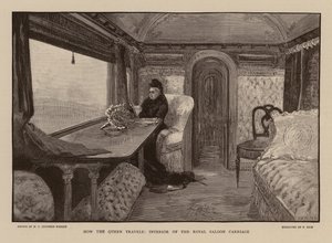 Kuningatar Victoria kuninkaallisessa salongissa junavaunussa (kaiverrus) tekijältä Henry Charles Seppings Wright