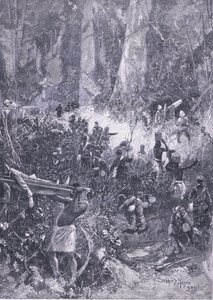Ashantin sota 1900: Taistelu metsässä, kuva Cassellsin Englannin historiasta, 1900-luku tekijältä Henry Charles Seppings Wright