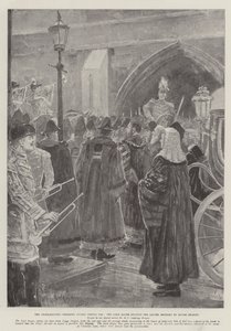 Julistusseremonia Temple Barissa, kun pormestari lukee Rouge Dragonin tuoman kirjeen. tekijältä Henry Charles Seppings Wright