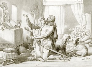 Kuinka Torfrida opettaa Herewardia rukoilemaan (kaiverrus).