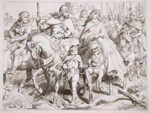 Hereward vartioi Alftrudaa turvaan, kuvitus Charles Kingsleyn teoksesta Hereward the Great, pub. 1870, kaiverrettu C.G. Lewisin toimesta (teräslevykaiverrus). tekijältä Henry Courtney Selous