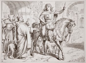 Hereward ilmoittaa setälleen Priorille, että hänet julistetaan lain ulkopuolelle. Esimerkki Charles Kingsleyn pubista Hereward the Great. 1870, kaiverrus C.G. Lewis (teräslevykaiverrus) tekijältä Henry Courtney Selous