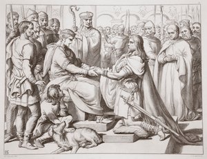 Kuinka Hereward tuli kuninkaan luo, Charles Kingsleyn kuvitus Hereward Suuresta, pubi. 1870, kaiverrus C.G. Lewis (teräslevykaiverrus) tekijältä Henry Courtney Selous
