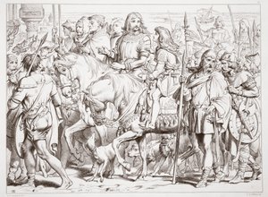 Kuinka Hereward astuu pyhitettyyn St. Bertinin linnoitukseen, kuvitus Charles Kingsleyn Hereward Suuresta, pubi. 1870, kaiverrus C.G. Lewis (teräslevykaiverrus) tekijältä Henry Courtney Selous