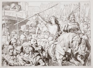 Kuinka Hereward kääntyi Berserkeriksi, Charles Kingsleyn kuvitus Hereward Suuresta, pub. 1870, kaiverrus C.G. Lewis (teräslevykaiverrus) tekijältä Henry Courtney Selous