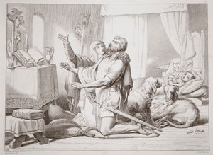 Kuinka Torfrida opettaa Herewardia rukoilemaan, Charles Kingsleyn esimerkki Hereward the Greatista, pub. 1870, kaiverrus C.G. Lewis (teräslevykaiverrus) tekijältä Henry Courtney Selous
