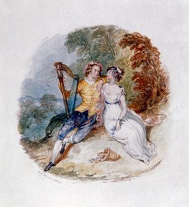"Dos amants en un banc amb una arpa", segle XIX. finlandès tekijältä Henry Courtney Selous