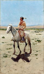 Cheyenne Scout. Ratsastava intiaani kiväärin kanssa. Henry Francois Farnyn (1847-1916) maalaus.
