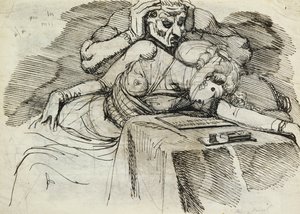 Nainen pyörtymässä kirjoituspöydän ääressä, uhkaava hahmo takana tekijältä Johann Heinrich Füssli