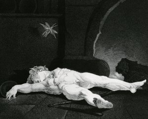Kiekko nukkuu unessa maalaistalon edessä, kaiverrus Moses Haughton Jr. tekijältä Johann Heinrich Füssli