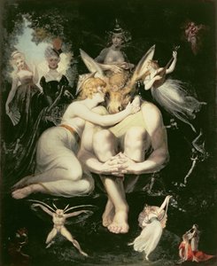 Titania herää, keijujen ympäröimänä, joka takertuu kiihkeästi Pohjaan, edelleen päässään aasin pää, 1793-4 tekijältä Johann Heinrich Füssli