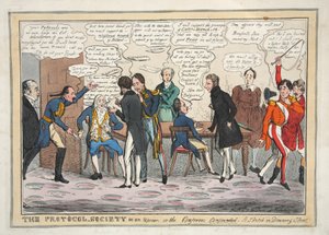 Pöytäkirjayhteiskunta hälinässä tai konferenssin osallistujat hämmentyneet. Sketch Downing Streetissä, pubissa. 1831 (käsinvärinen kaiverrus)