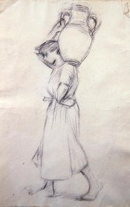 Luonnos "Girl with Jars" (kynä paperille) tekijältä Henry Herbert La Thangue