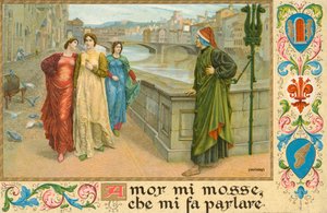 Italialainen runoilija Dante Alighieri ja Beatrice Portinari (chromolitho)