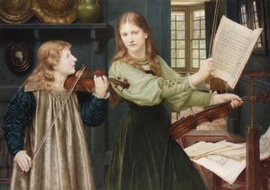 Prerafaeliittisia maalauksia: Duet pari Holiday, Henry (1839-1927). Vesiväri pahville, 78x108. Yksityinen kokoelma tekijältä Henry Holiday