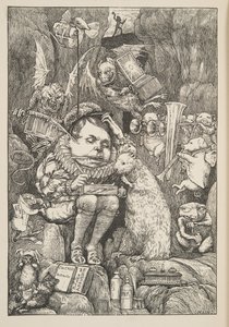 Majava toi paperia, portfoliota ja kyniä Lewis Carrollin pubista The Hunting of the Snark, An Agony in Eight Fits. 1876 tekijältä Henry Holiday
