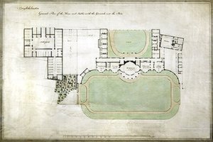 Brighthelmstone tai Brighton Pavilion - talon ja tallin yleissuunnitelma tonttineen, jossa on arkkitehti Henry Hollandin (1745-1806) laajennus, n. 1801 (akvarelli paperille) tekijältä Henry Holland