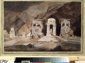 ""Hautausmaa"" (Vanha hautausmaa) Henry Hudfieldin vesiväreillä piirtämä teatterisisustus (1700-luku) 1790 Museum Palace Theatre Ostankino, Moskova tekijältä Henry Hudfield