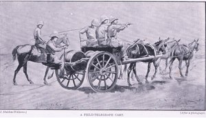 Kenttätelegrafiakärry, teoksesta After Pretoria: The Guerilla War, jonka on julkaissut Harmsworth Bros Limited, 1901. tekijältä Henry Inglis Jodrel Sheldon Williams