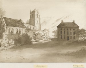 Pattinghamin kirkko ja pappilatalo: seepiapesupiirros, 1844 tekijältä Henry James Noyes