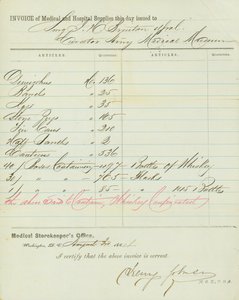 Lasku lääke- ja sairaalakaupoista, allekirjoitettu Henry Johnson, 30. elokuuta 1864 tekijältä Henry Johnson