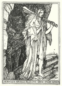 Herakles tuo Alkestisin takaisin Hadesista (litho) tekijältä Henry Justice Ford