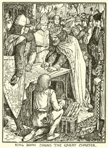 Magna Carta. Kuningas Johannes allekirjoittaa suuren peruskirjan (kaiverrus). tekijältä Henry Justice Ford