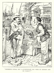"Monsieur Dumas, saanko majoittaa teidät apinani ja papukaijani kanssa" (kaiverrus). tekijältä Henry Justice Ford