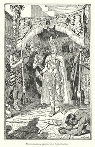 Montezuma tervehtii espanjalaisia (kaiverrus) tekijältä Henry Justice Ford