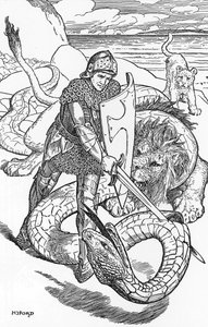 Percival fightint the serpent HJ Fordin (1860-1940) kuvitus teoksesta "The book of Romance" 1902 Yksityinen kokoelma tekijältä Henry Justice Ford