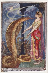 Käärmekuningatar, Anna mieheni takaisin, kuvitus teoksesta The Olive Fairy Book, Andrew Laing, 1907. tekijältä Henry Justice Ford