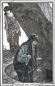 Merlin, Lumoaja ja Fee Vivianen (Merlin anc Vivien) esitys Henry Justice (HJ) Fordin (1860-1941) kuvituksesta "The book of romance" 1902 Collection privee tekijältä Henry Justice Ford
