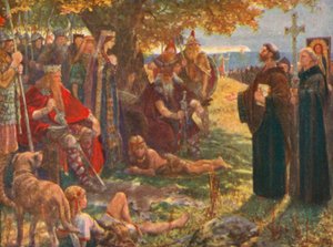Pyhä Augustinus saarnaa Ethelbertille, Kentin kuninkaalle, ja näyttää hänelle ristin ja Vapahtajan kuvan (värilitografia). tekijältä Henry Justice Ford