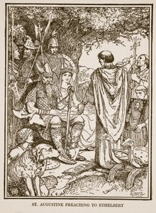 Pyhä Augustinus saarnaa Ethelbertille, kuva C.R.L.:n Englannin historiasta. Fletcher ja Rudyard Kipling tekijältä Henry Justice Ford