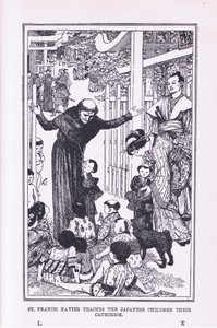 Pyhä Franciscus Xavier opettaa japanilaisille lapsille katekiksen, 1912 tekijältä Henry Justice Ford