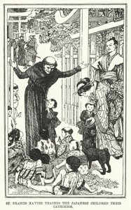 Pyhä Franciscus Xavier opettaa japanilaisille lapsille katekismuksen (litho) tekijältä Henry Justice Ford