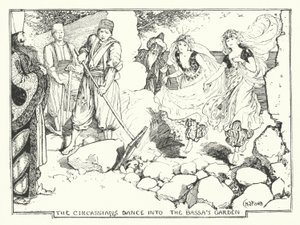 Tšerkessilaiset tanssivat Bassan puutarhaan (kaiverrus) tekijältä Henry Justice Ford