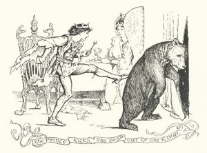Prinssi potkaisee karhun ulos huoneesta (kaiverrus) tekijältä Henry Justice Ford