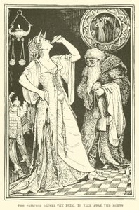 Prinsessa juo pulloa ottaakseen sarvet pois (kaiverrus) tekijältä Henry Justice Ford