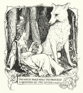 Valkoinen susi kysyy prinsessalta kysymyksen puussa (kaiverrus) tekijältä Henry Justice Ford