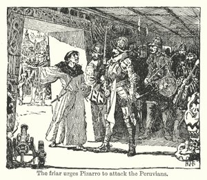 Munkki kehottaa Pizarroa hyökkäämään perulaisia vastaan (litografia). tekijältä Henry Justice Ford
