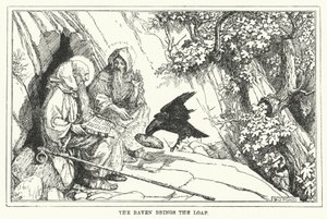 Korppi tuo leivän (litho) tekijältä Henry Justice Ford