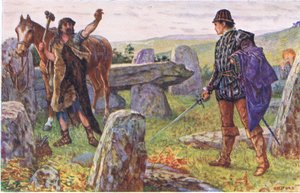 Tresilian kohtaa salaperäisen sepän, kuvitus teoksesta Kenilworth, n. 1910. tekijältä Henry Justice Ford