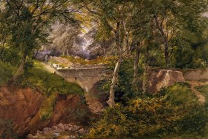 Metsäinen maisema, jossa lampaat ylittävät sillan, 1868