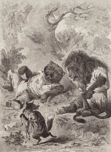 Aisopoksen tarut: Leijona, karhu ja kettu (litho)
