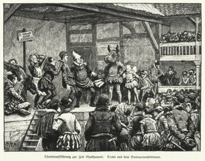 Esitys William Shakespearen näytelmästä Kesäyön uni näytelmäkirjailijan elinaikana (litho)