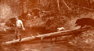 Karhu lähestyy kalastajia metsässä tekijältä Henry Marriott Paget