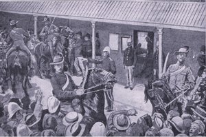 Siirtomaavahvistukset Etelä-Afrikkaan: After Pretoria: The Guerilla War (Pretorian jälkeen: sissisota), julkaissut Harmsworth Bros Limited, 1901. tekijältä Henry Marriott Paget